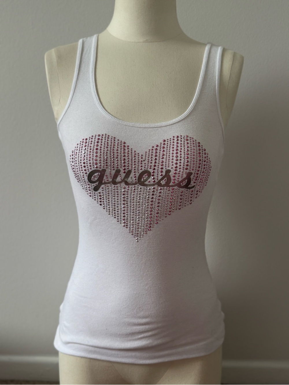 GUESS White Tank with Pink Rhinestone Heart Logo